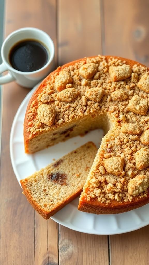 A slice of coffee cake with cinnamon streusel on a plate next to a cup of coffee.